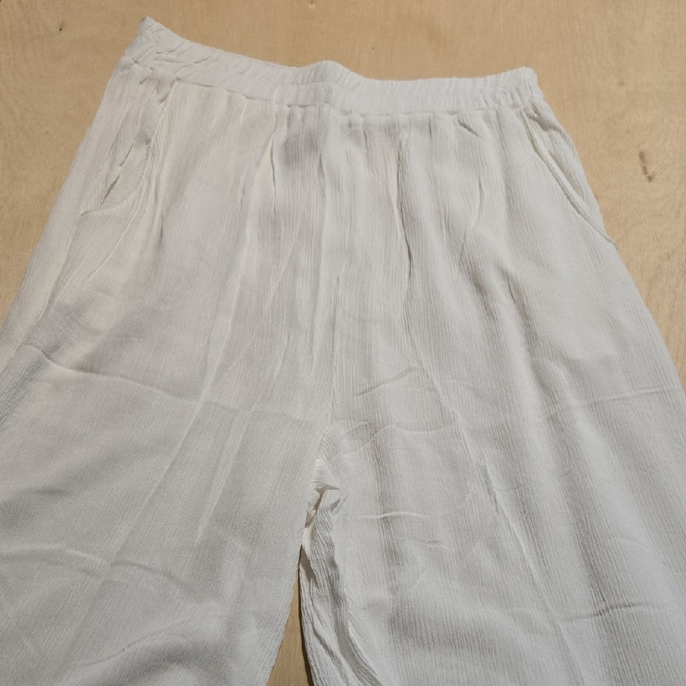 102 NWT Zenana White Woven Crepe Elastic Band Wide-Leg Pants Pockets Sm Md Lg XL - Picture 3 of 9